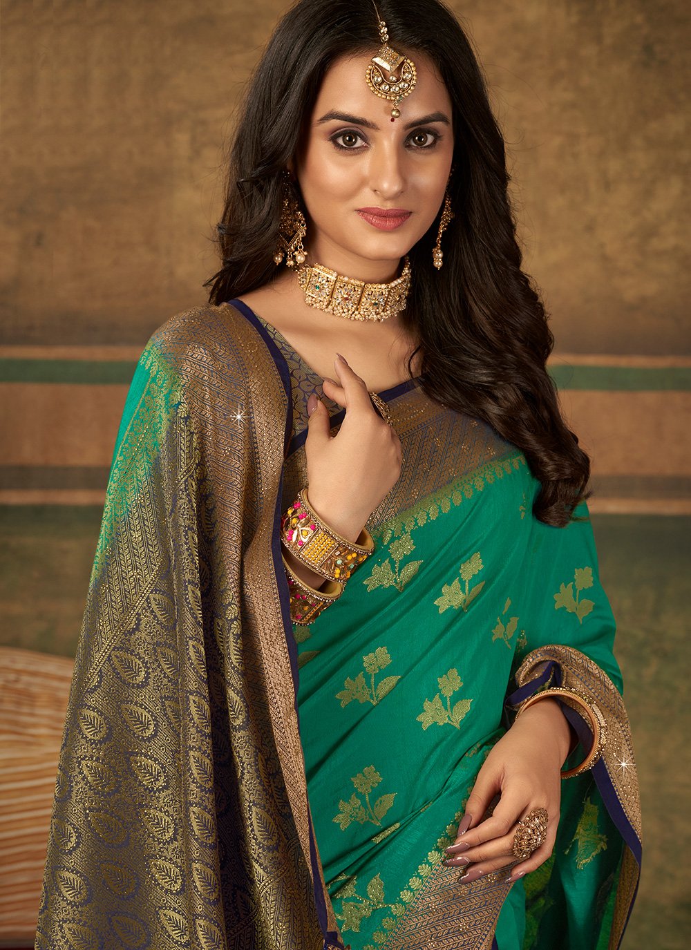 Contemporary Pure Dola Silk Green Swarovski Saree