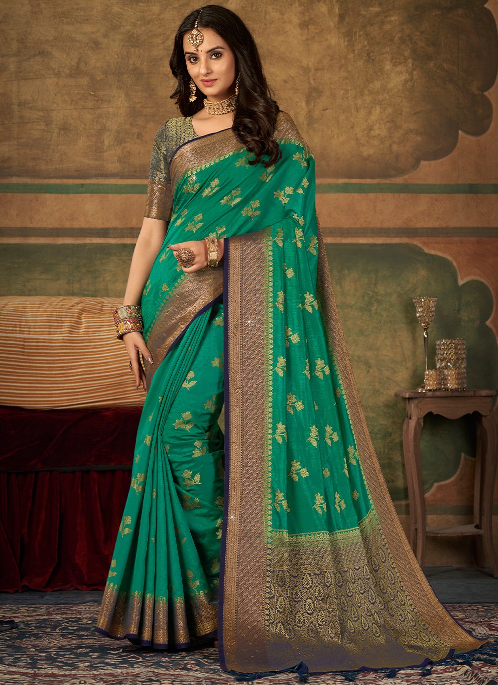 Contemporary Pure Dola Silk Green Swarovski Saree