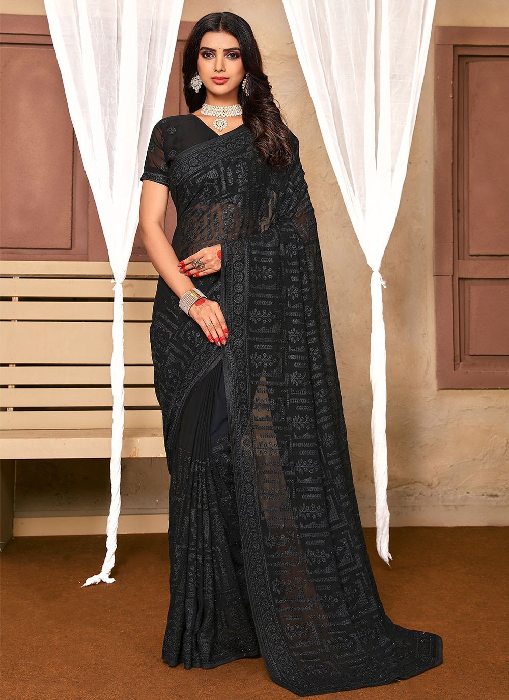 Contemporary Georgette Black Embroidered Saree