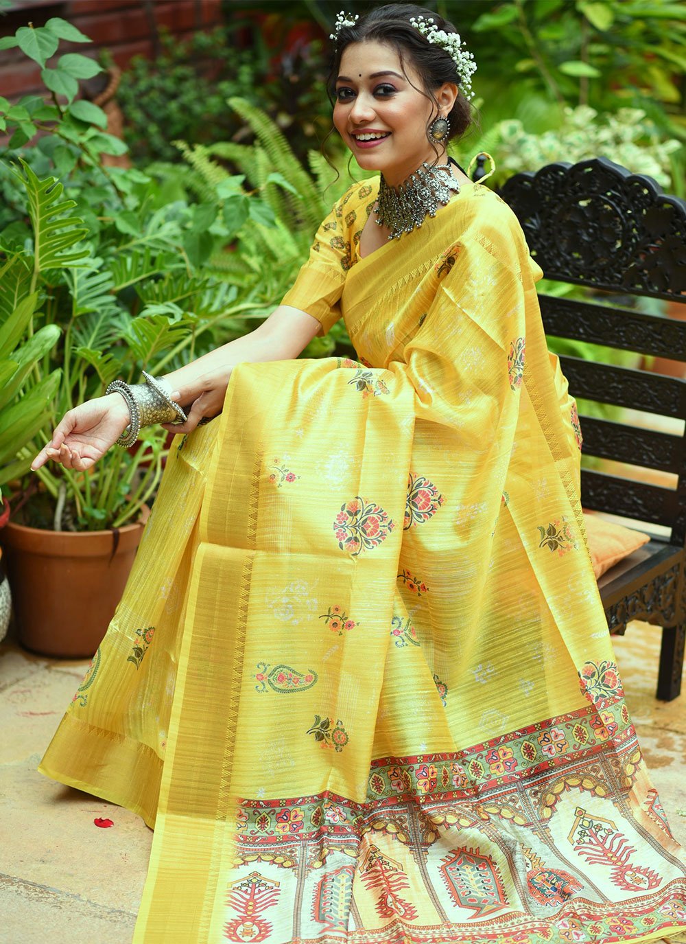 Contemporary Tussar Silk Yellow Weaving Saree