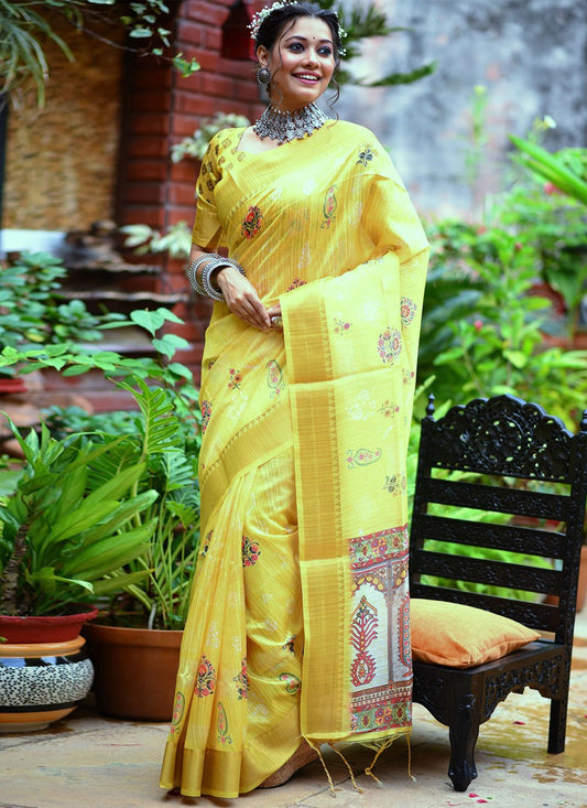 Contemporary Tussar Silk Yellow Weaving Saree