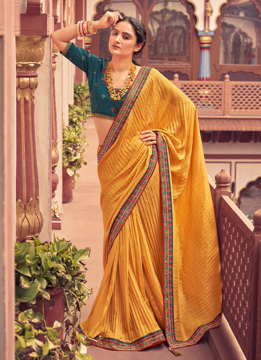 Contemporary Vichitra Silk Yellow Embroidered Saree