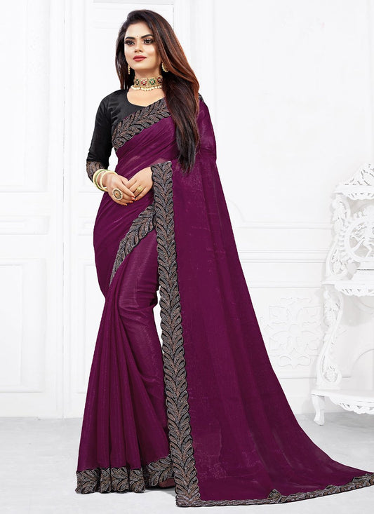 Contemporary Shimmer Georgette Purple Lace Saree