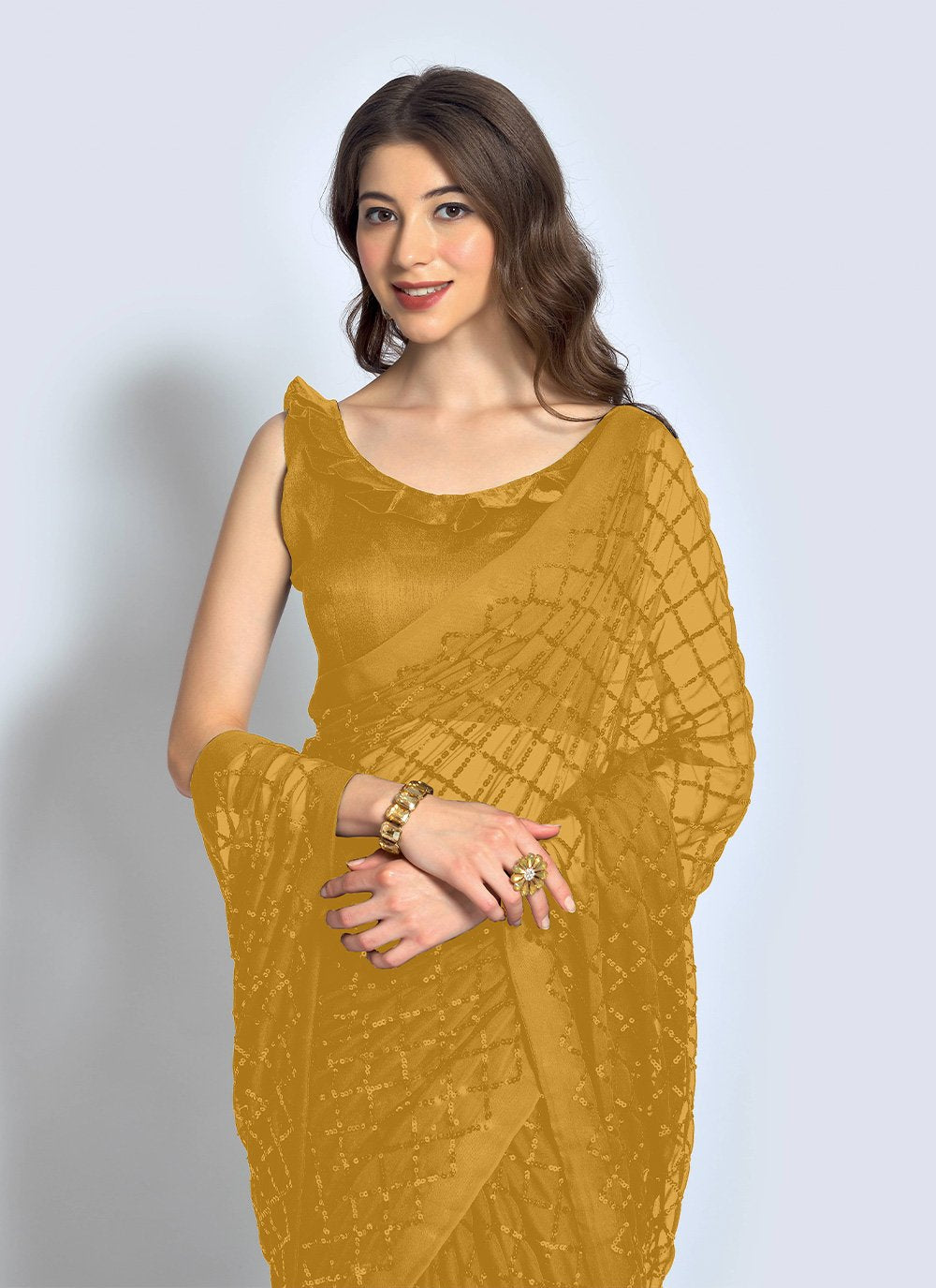 Contemporary Georgette Mustard Sequins Saree