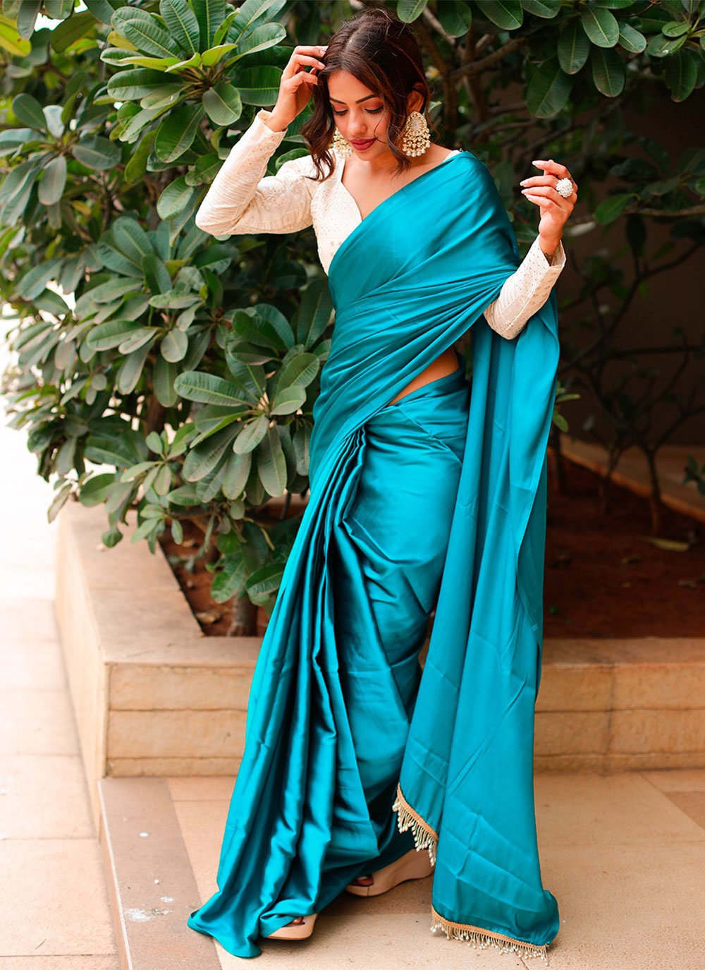 Contemporary Satin Teal Plain Saree