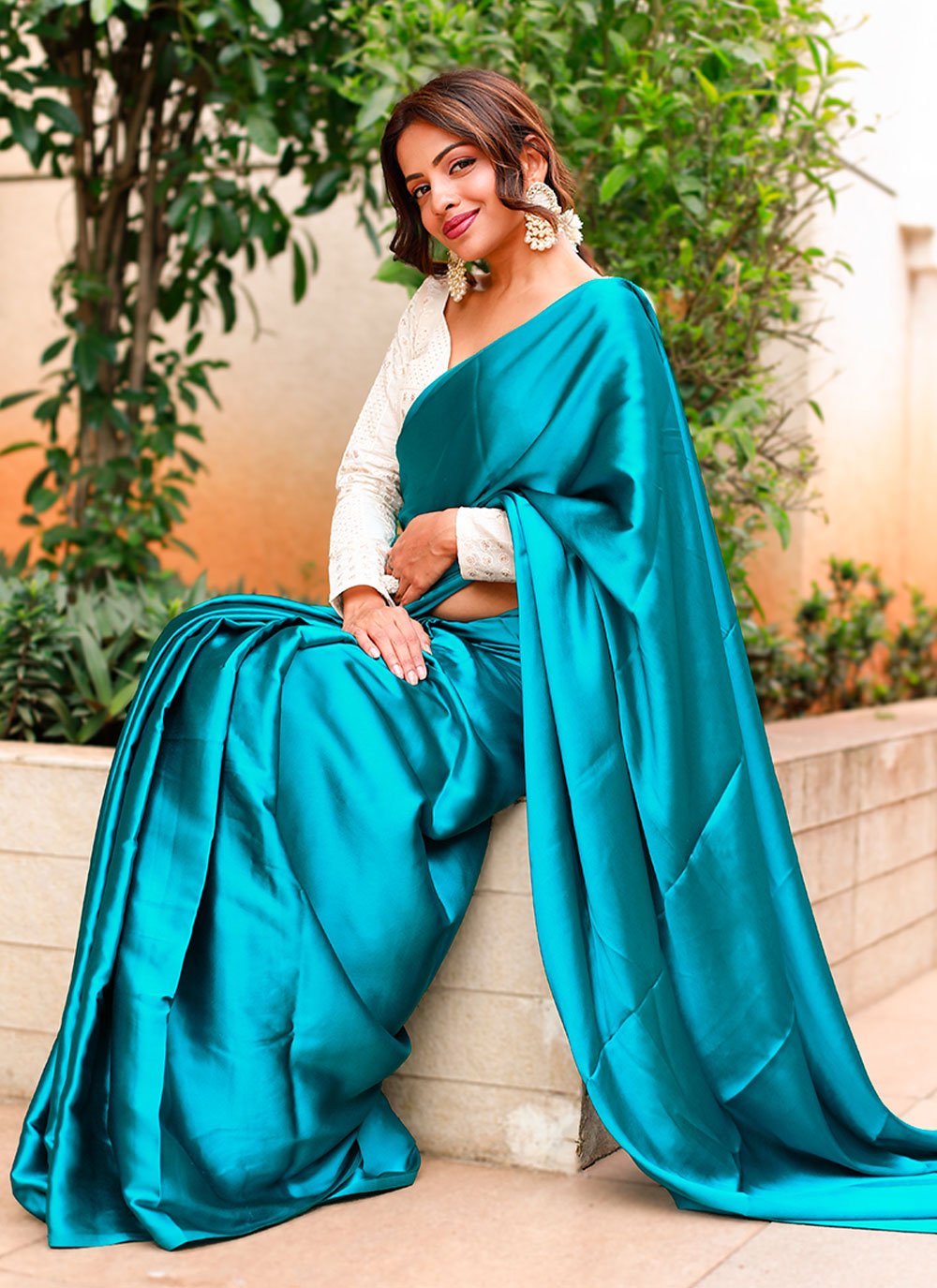 Contemporary Satin Teal Plain Saree