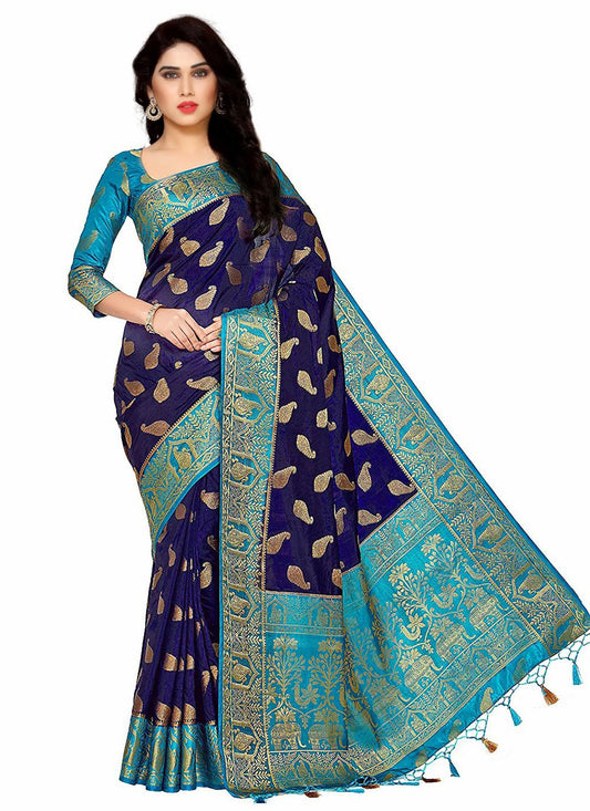 Contemporary Kanjivaram Silk Blue Zari Saree