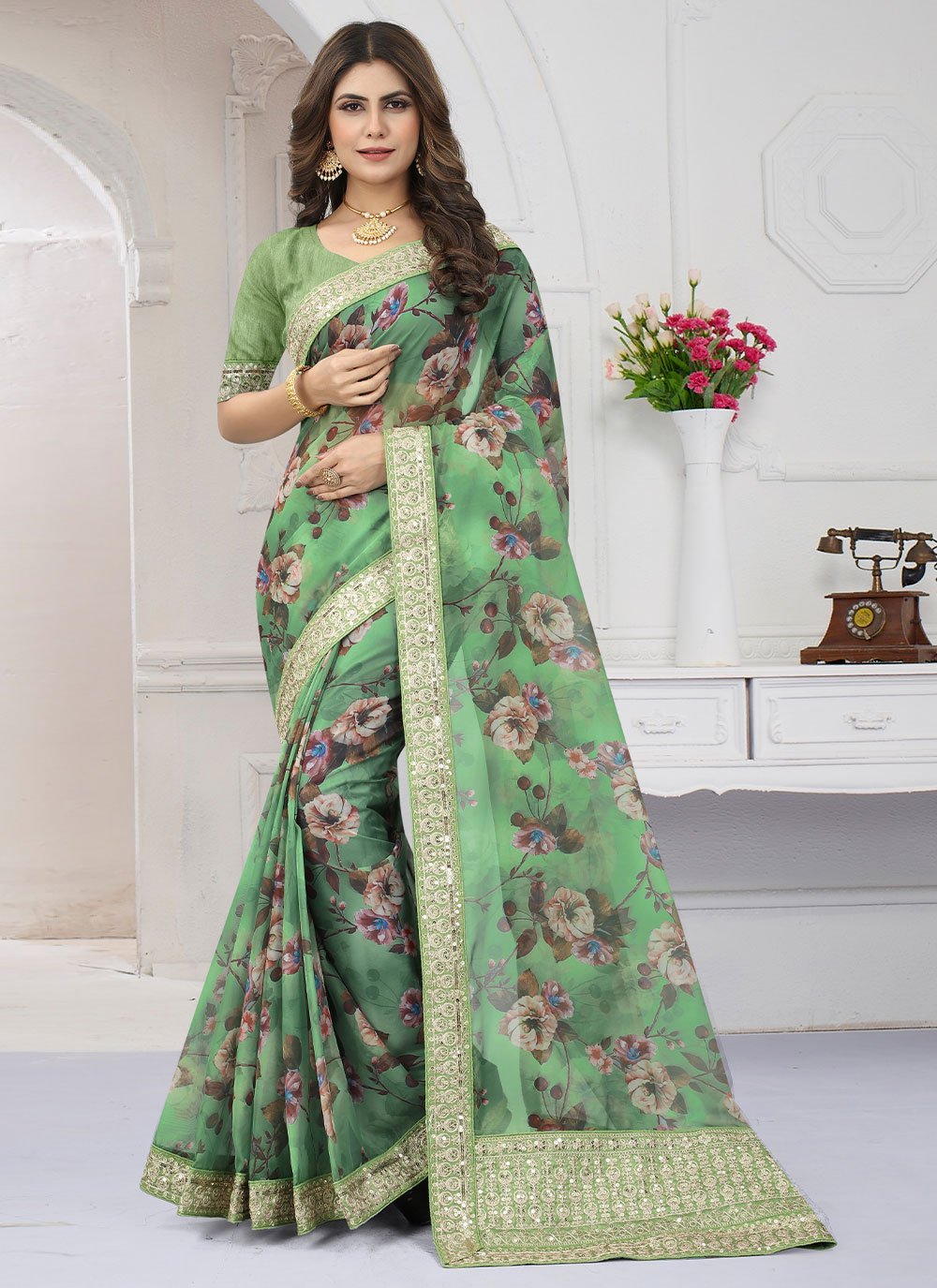 Contemporary Organza Sea Green Cord Work Saree