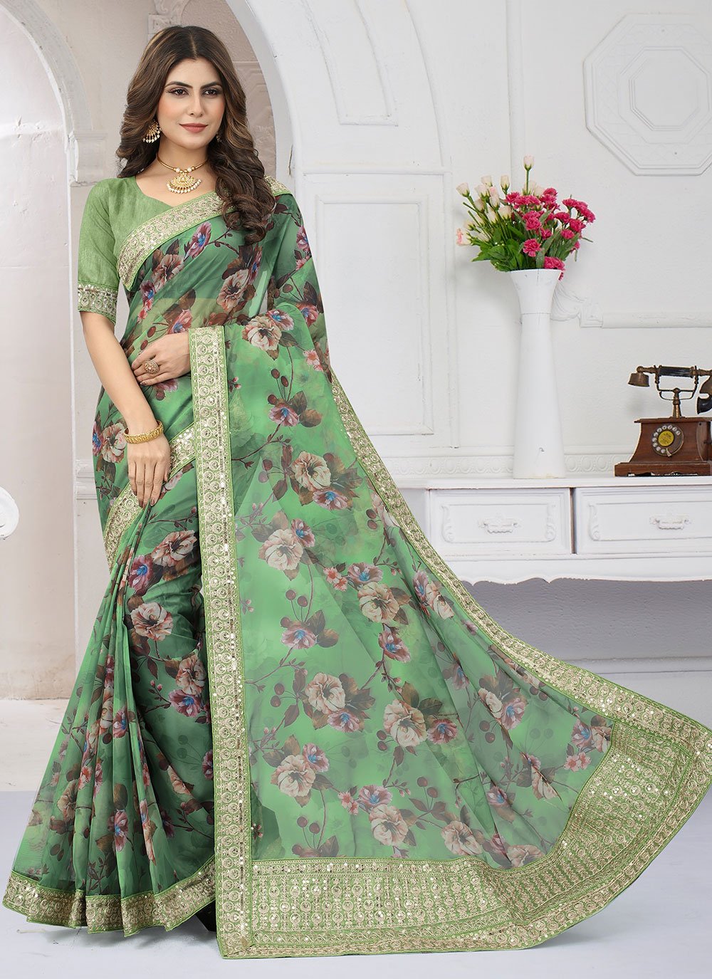 Contemporary Organza Sea Green Cord Work Saree