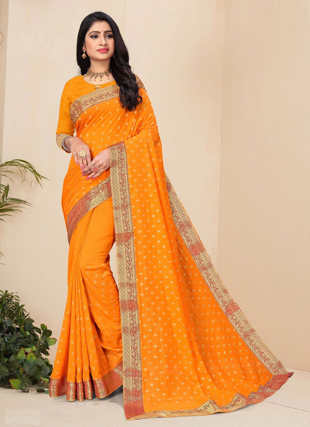 Contemporary Vichitra Silk Yellow Patch Border Saree