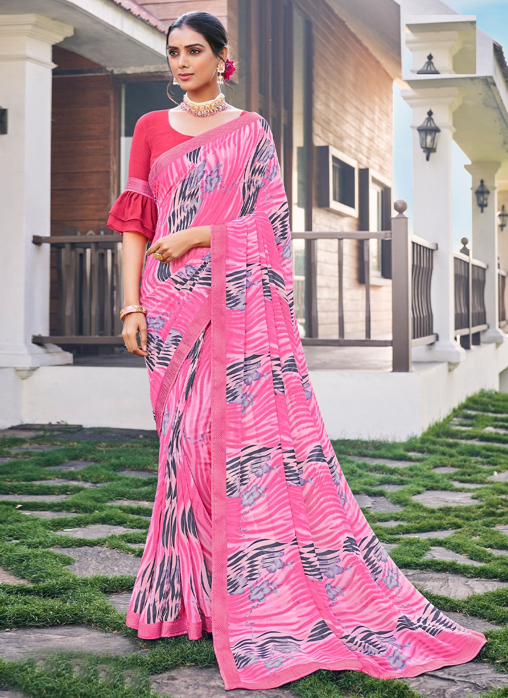 Contemporary Designer Georgette Pink Patch Border Saree