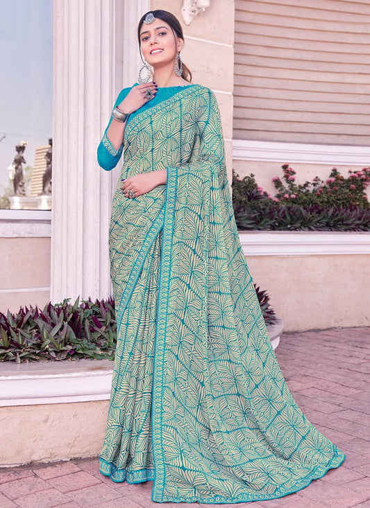 Contemporary Georgette Turquoise Print Saree