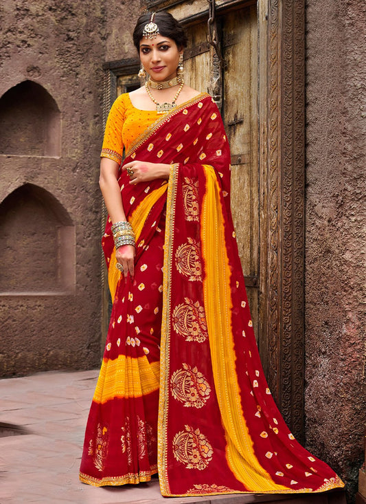 Contemporary Chiffon Red Bandhej Saree