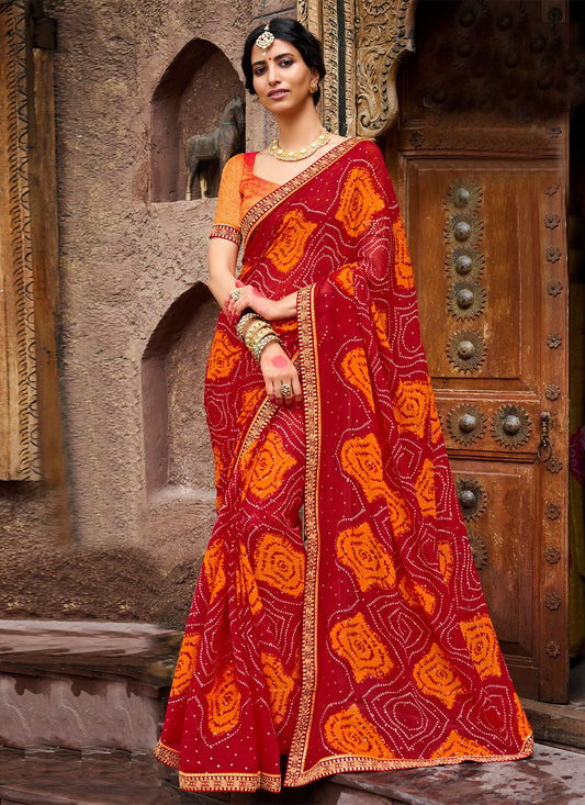 Contemporary Chiffon Red Bandhej Saree