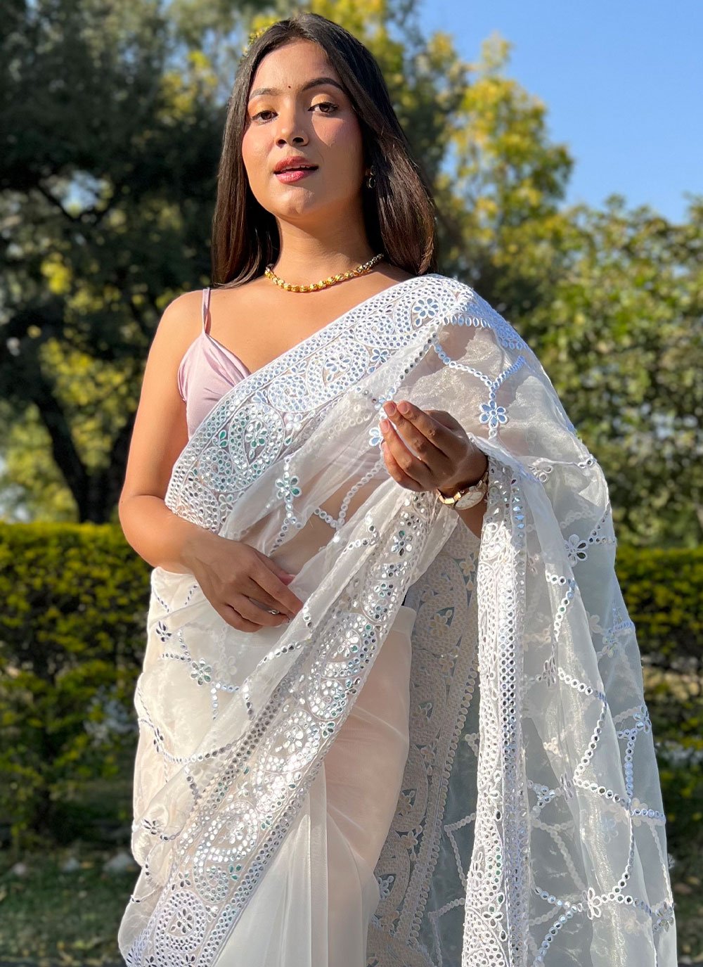 Contemporary Organza White Embroidered Saree