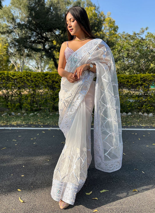 Contemporary Organza White Embroidered Saree