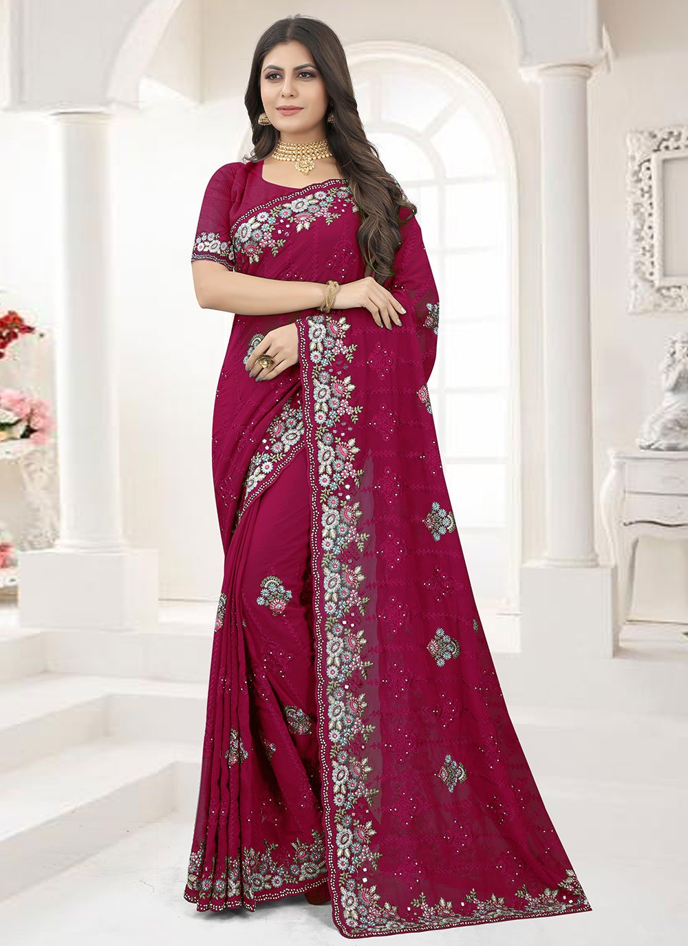 Contemporary Georgette Magenta Embroidered Saree