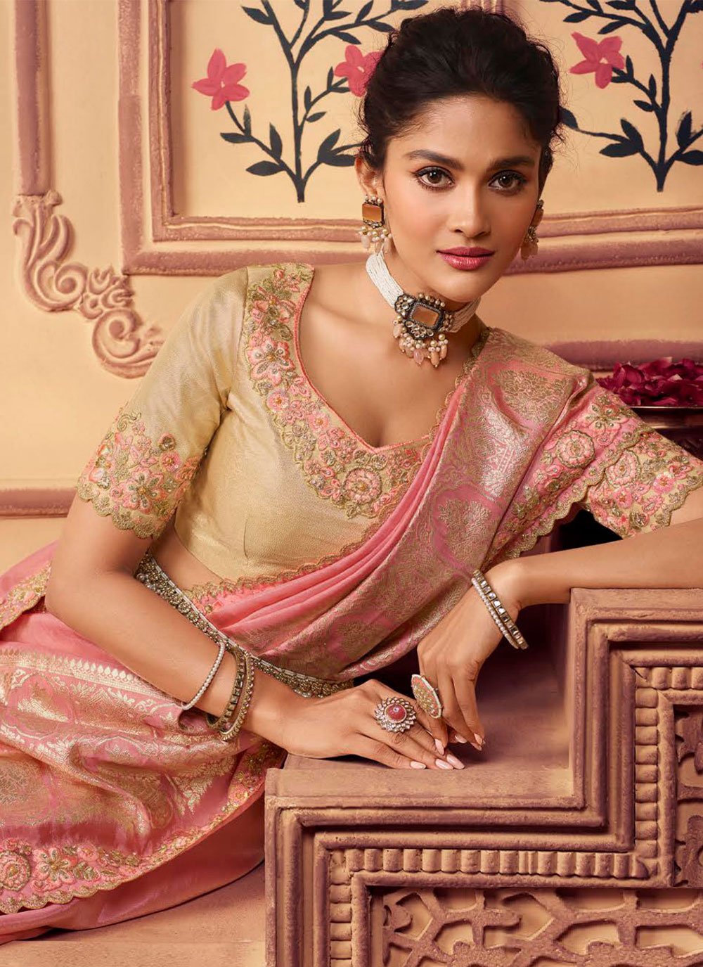 Contemporary Chinon Georgette Pink Embroidered Saree