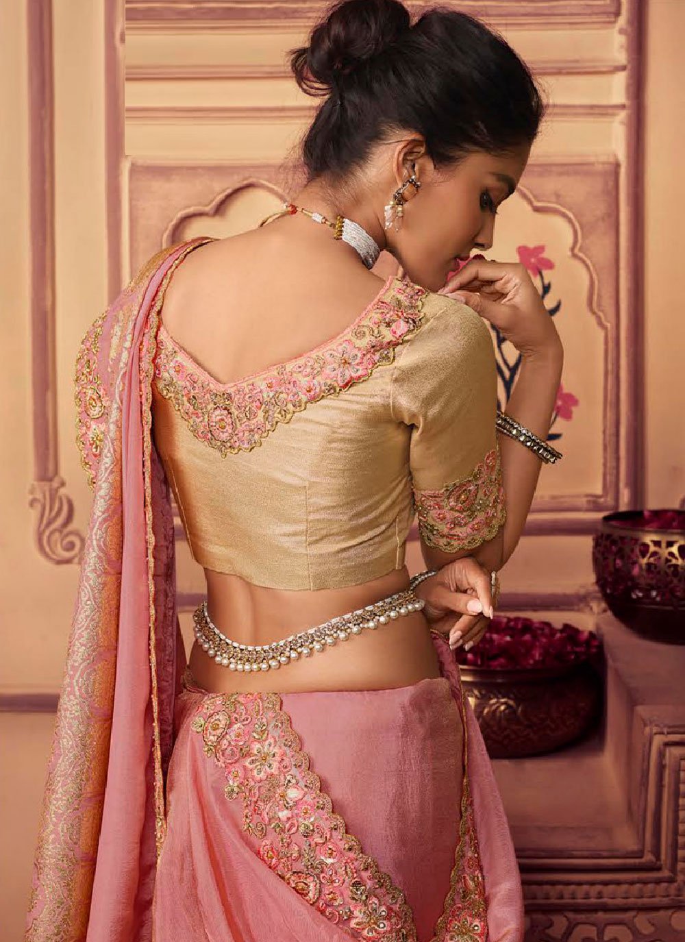 Contemporary Chinon Georgette Pink Embroidered Saree