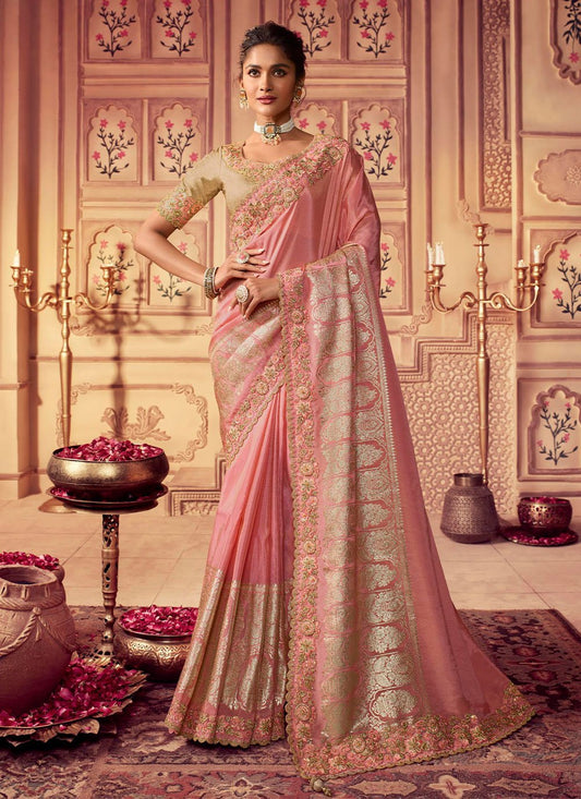 Contemporary Chinon Georgette Pink Embroidered Saree