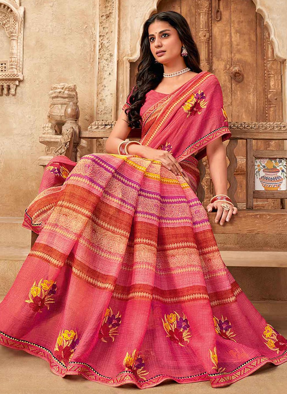 Contemporary Chiffon Multi Colour Fancy Work Saree