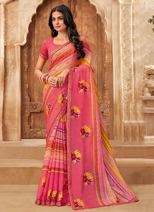 Contemporary Chiffon Multi Colour Fancy Work Saree