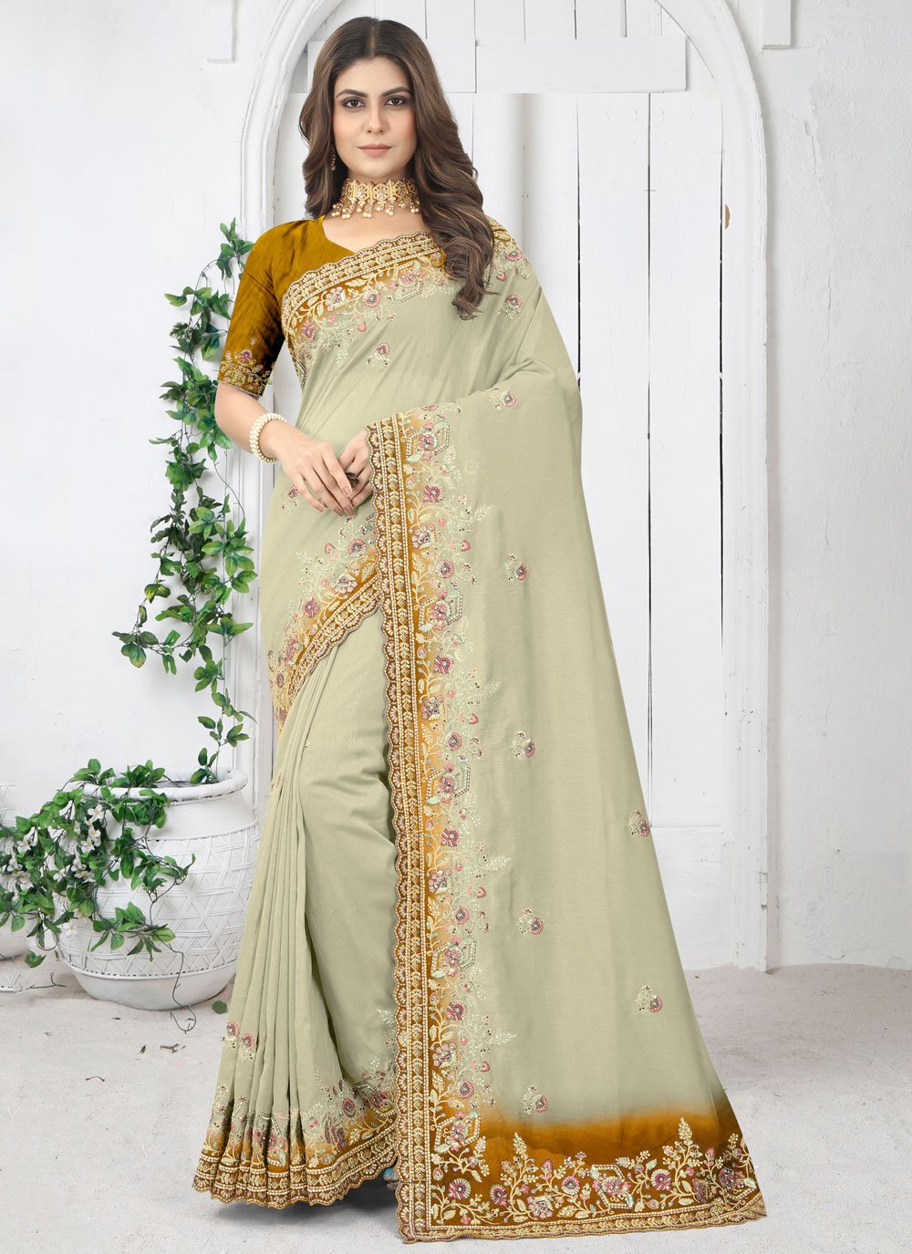 Contemporary Silk Beige Diamond Saree