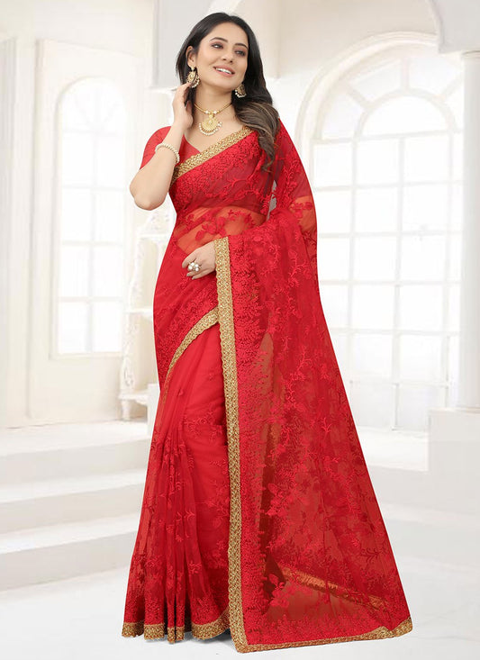 Contemporary Net Red Embroidered Saree