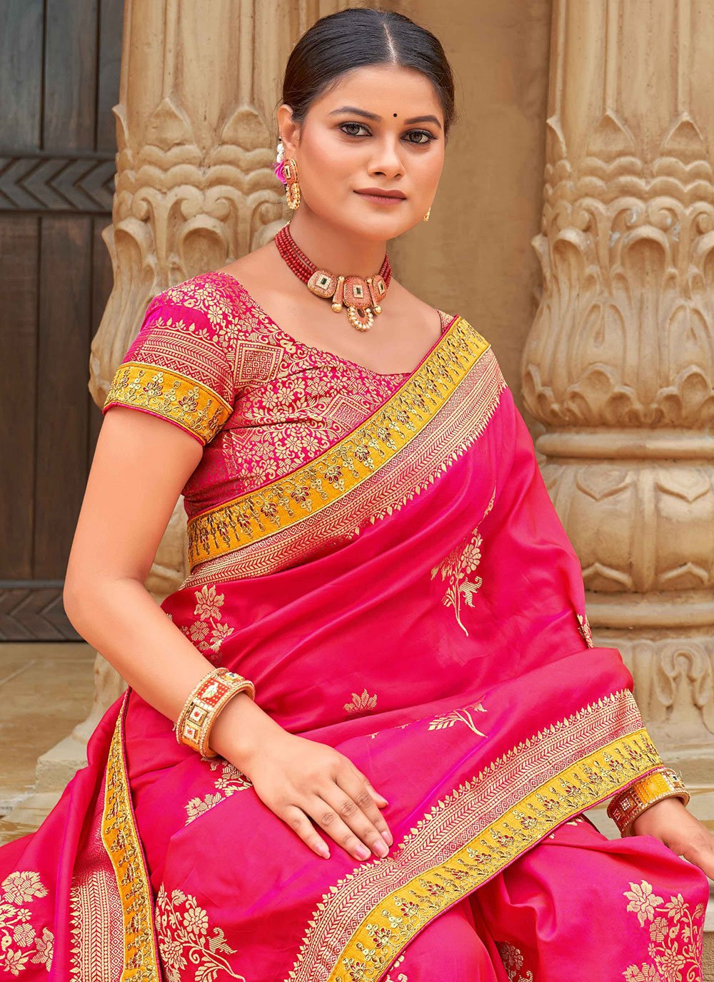 Contemporary Banarasi Silk Pink Weaving Saree