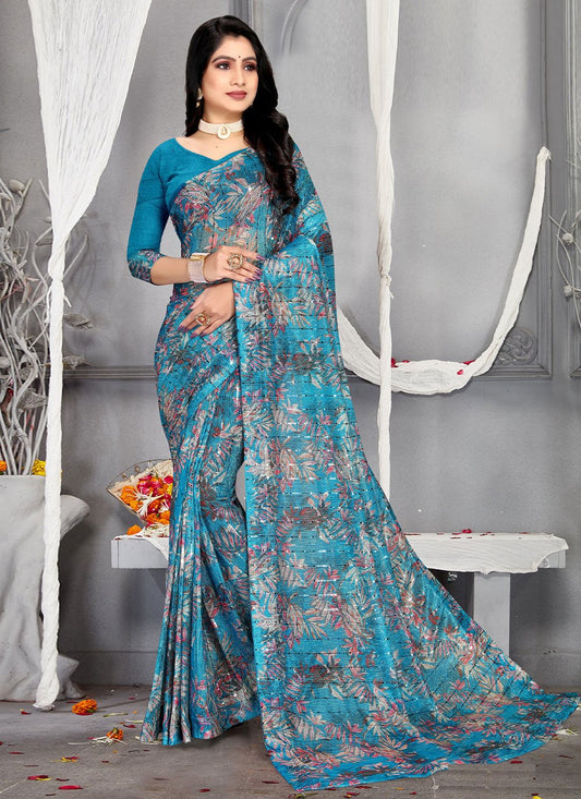 Contemporary Net Blue Digital Print Saree