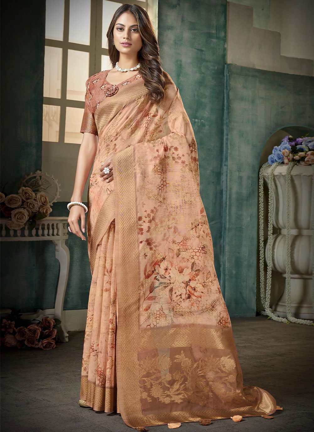 Contemporary Silk Peach Digital Print Saree