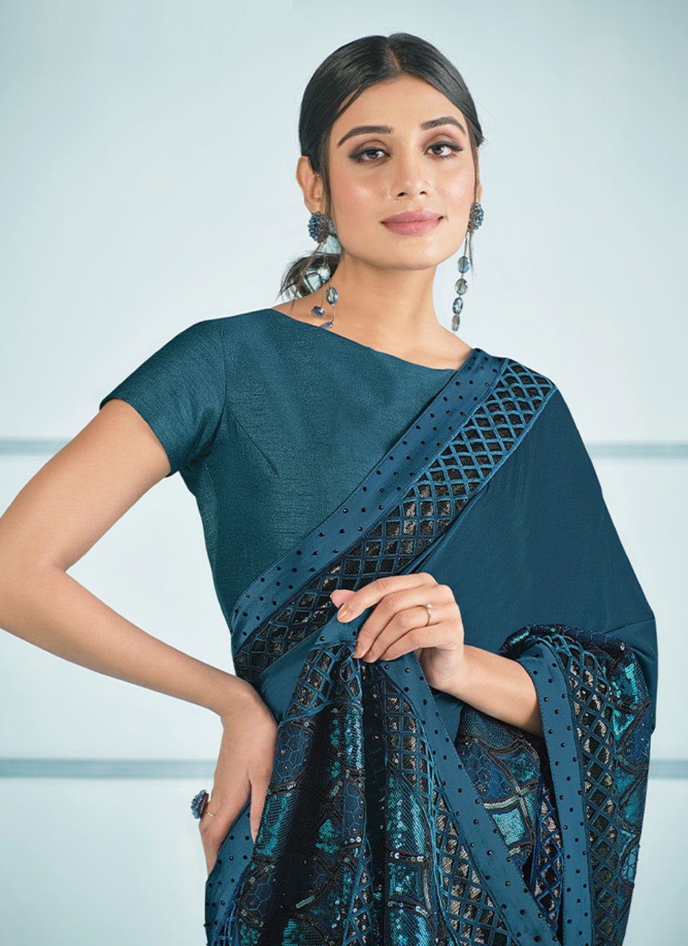 Contemporary Lycra Teal Sequins Saree