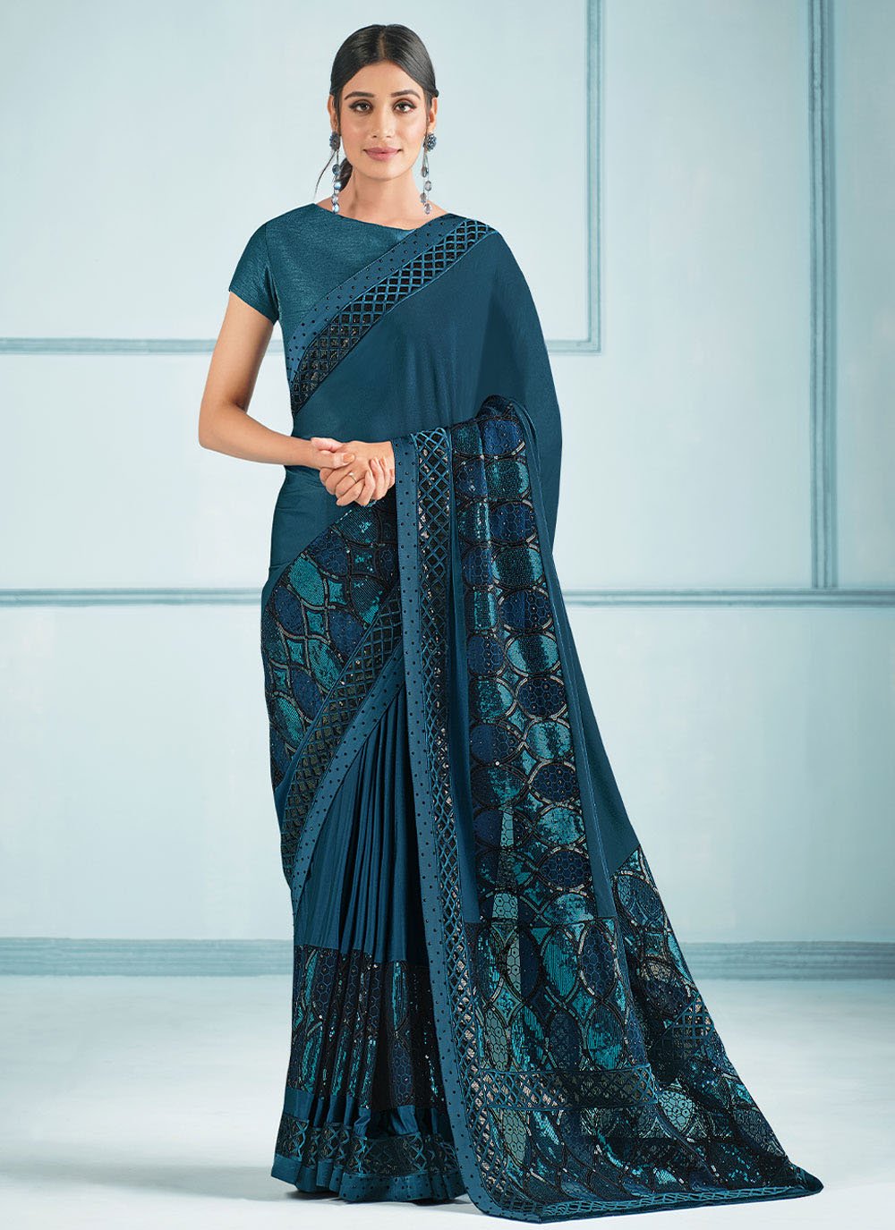 Contemporary Lycra Teal Sequins Saree