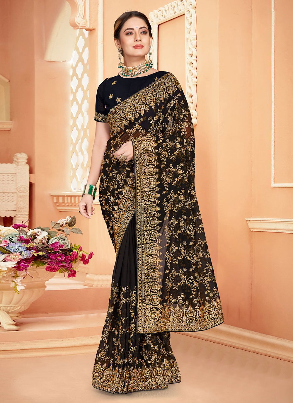 Contemporary Georgette Black Embroidered Saree