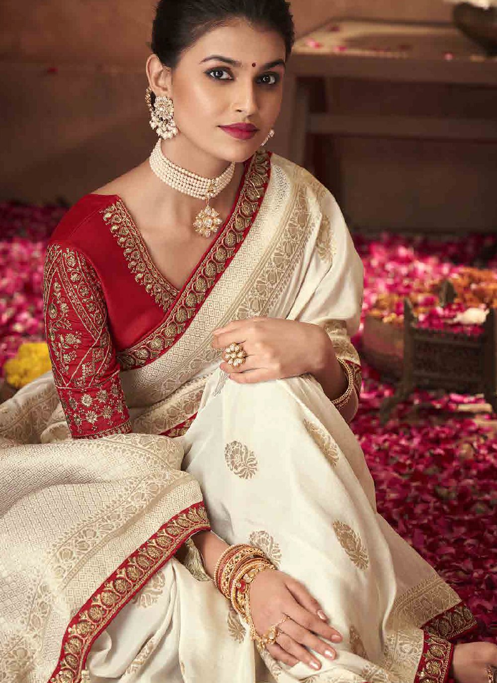 Off white and red saree hot sale