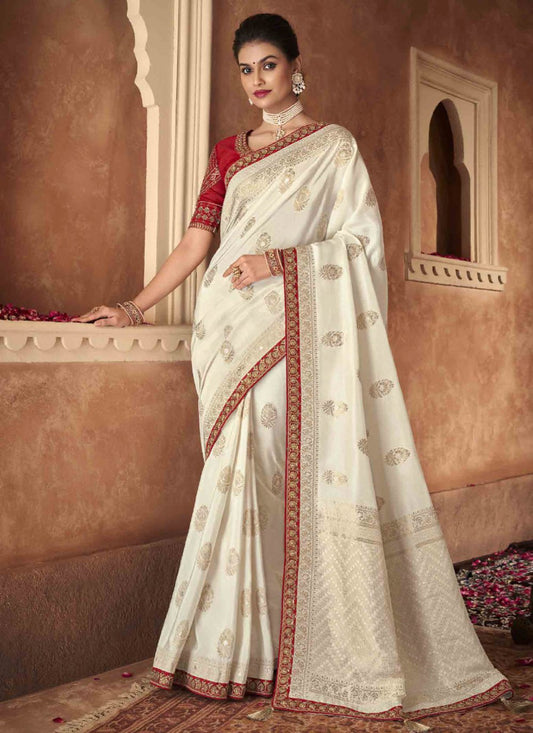 Contemporary Pure Dola Off White Patch Border Saree