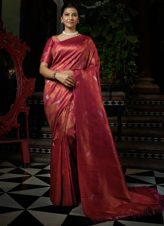 Contemporary Kanjivaram Silk Gold Red Weaving Saree