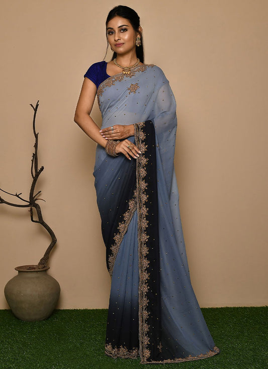 Contemporary Georgette Aqua Blue Hand Work Saree