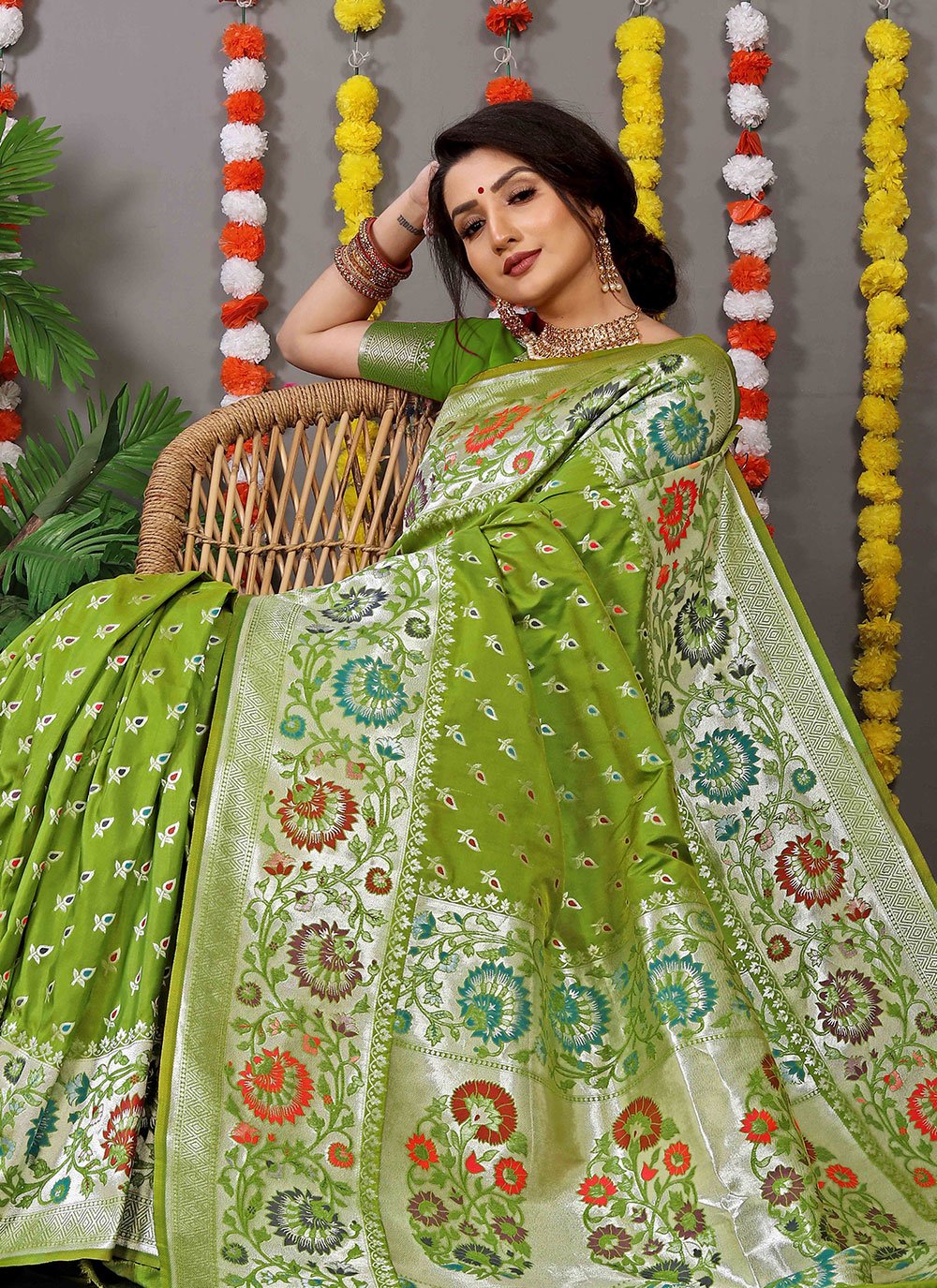 Contemporary Banarasi Silk Green Jacquard Work Saree