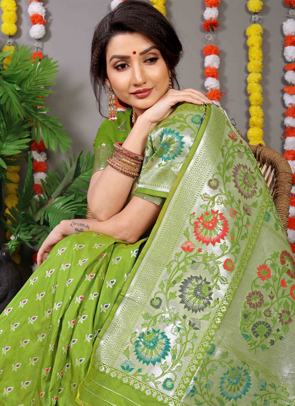 Contemporary Banarasi Silk Green Jacquard Work Saree