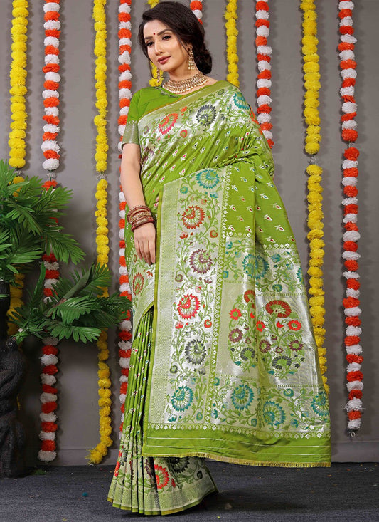 Contemporary Banarasi Silk Green Jacquard Work Saree