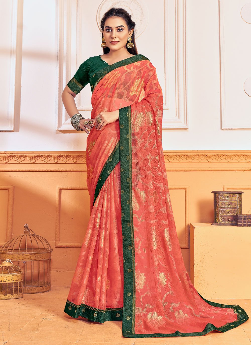 Contemporary Brasso Chiffon Peach Foil Print Saree