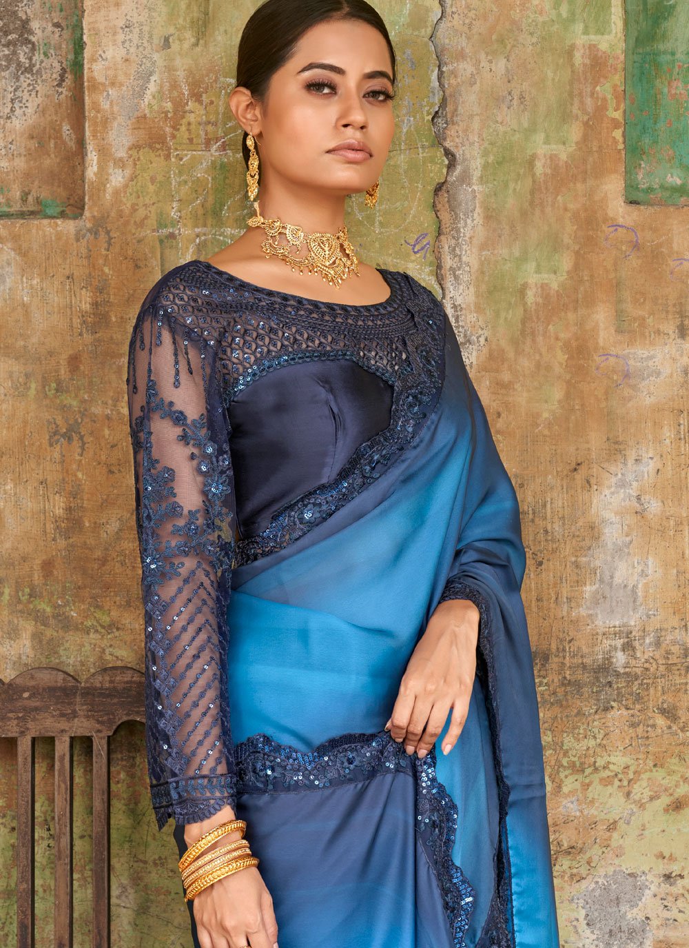 Contemporary Satin Blue Embroidered Saree