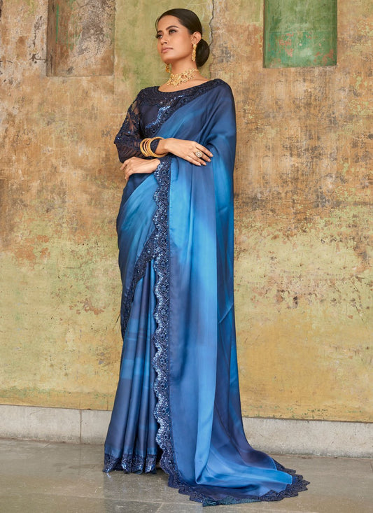 Contemporary Satin Blue Embroidered Saree