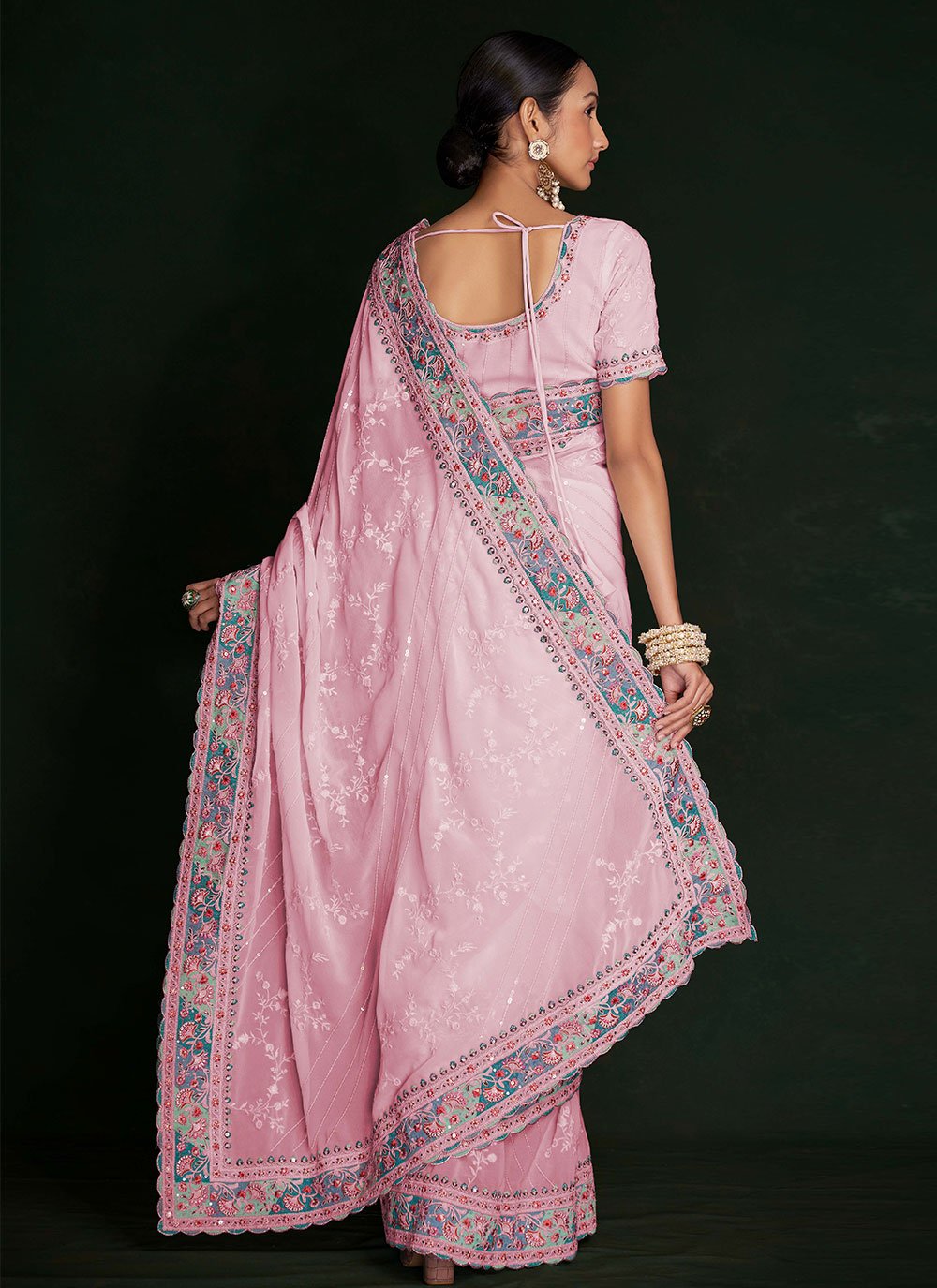 Contemporary Georgette Pink Lucknowi Work Saree