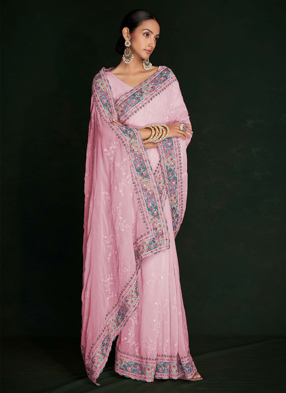 Contemporary Georgette Pink Lucknowi Work Saree