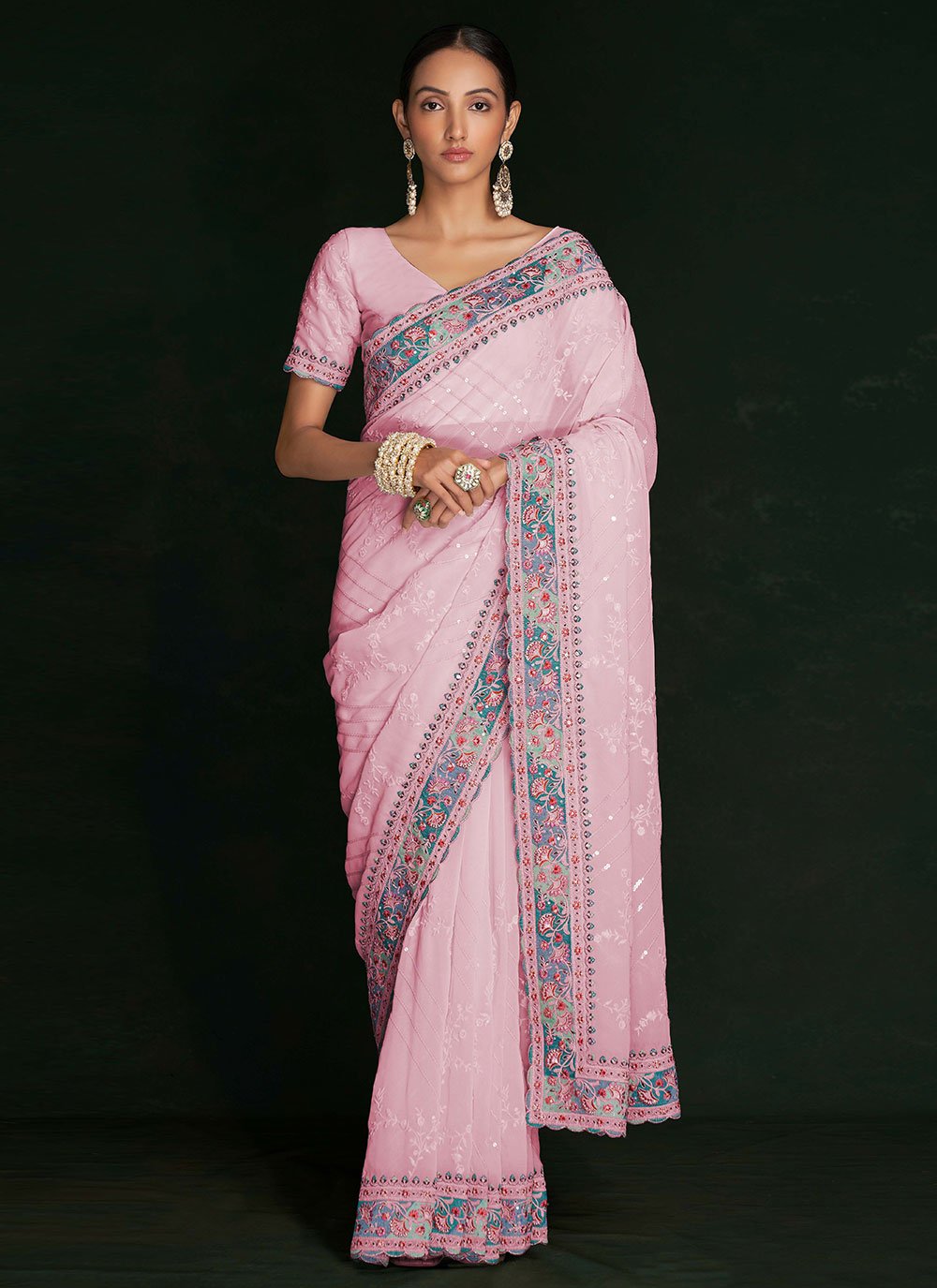 Contemporary Georgette Pink Lucknowi Work Saree