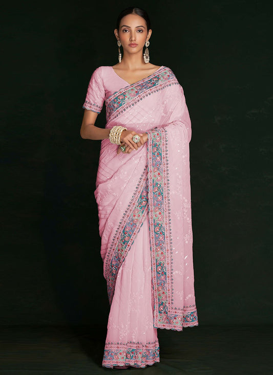 Contemporary Georgette Pink Lucknowi Work Saree