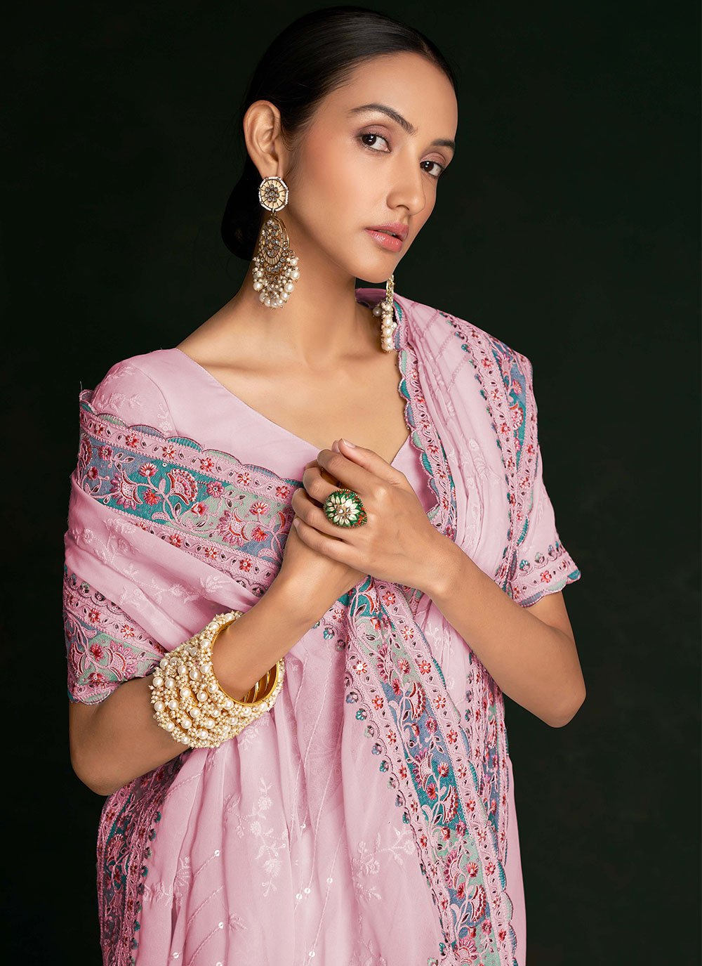 Contemporary Georgette Pink Lucknowi Work Saree