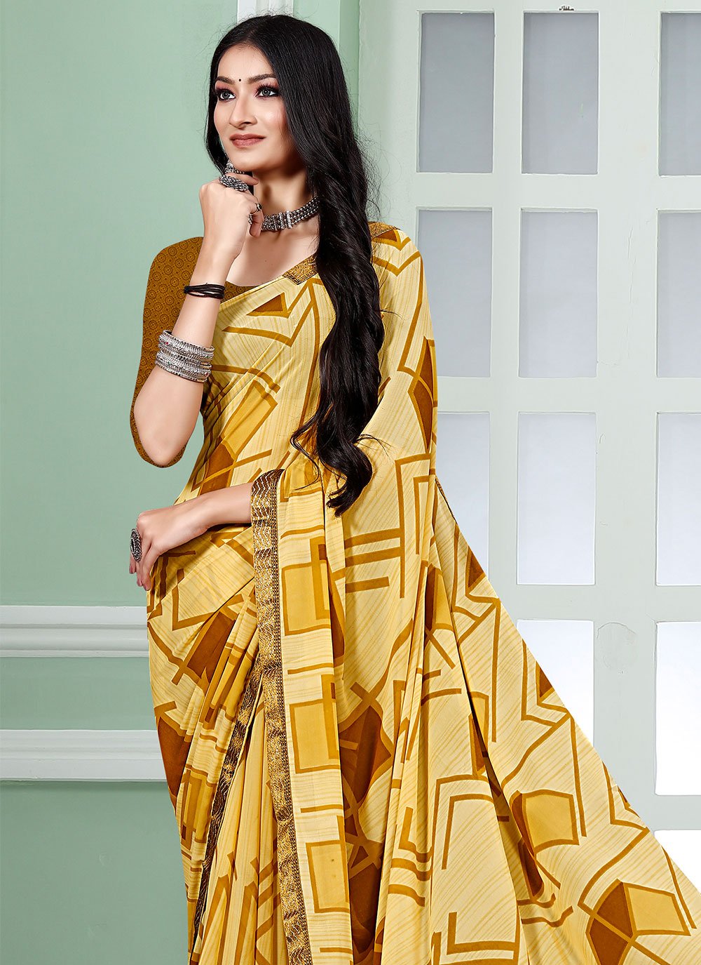 Contemporary Faux Georgette Multi Colour Patch Border Saree